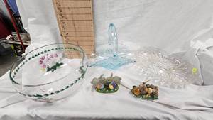 Glass Handled Basket, Handpainted Vase