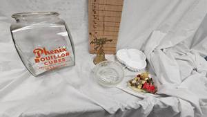 Phenix Boullion Cubes Jar, Brass Bell, Milk Glass