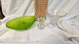 Glass Compote Dish and EtchedSatin Green Serving Bowl