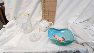 Glass Pitcher, Teapot, Bird Dish