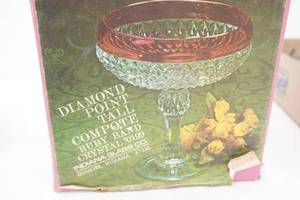 Vintage Indiana Glass Diamond Point Tall Compote. Ruby Band Crystal #0199