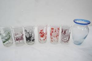 Vintage 1950s Hazel Atlas Glass Tumblers Sing Along Series, Hand-Blown Cobalt Blue Rim Vase