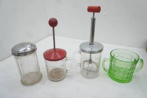 Vintage Hazel Atlas Hand Chopper, Hazel Atlas Colonial Block Green Depression Glass Open Sugar Bowl-Uranium