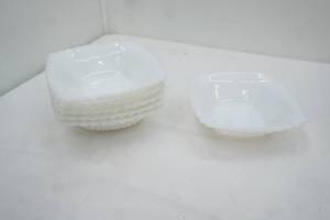 Vintage white milk glass square bowls (6ct) Scalloped Edge diamond hobnail texture