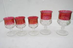 (5ct) Vintage Tiffin Franciscan Kings Crown Ruby Thumbprint Footed Cordial Wine Glasses