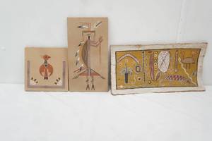 Navajo Sand Paintings. One on bark, 2 on pressed wood