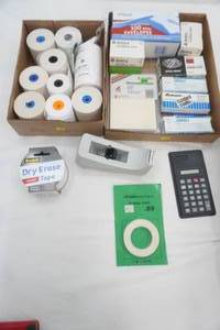 Tape Dispenser, Paper Clips, Staples, Rolls of Paper, envelopes, calculator, dry erase tape