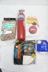 dry chemical fire extinguisher, painters rags, new paper tiger for taking off wallpaper