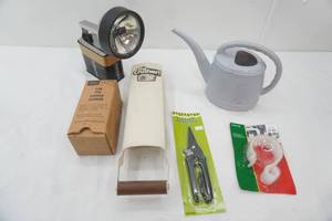 Vintage Duracell Spotlight Lantern, Can Crusher, Car Top Ladder Carrier, Pruning Shears (new), Holiday Light Hooks (new)