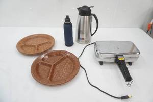 Waffle Maker, NEW Stainless Steel Carafe (hot & cold), Divided Melamine Camping Plates