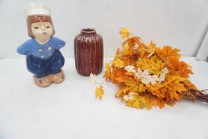 Vintage Ceramic Vase, Vintage Ceramic Sailor Boy Statue 16 tall, Golden Maple Leaf Branches (artificial)
