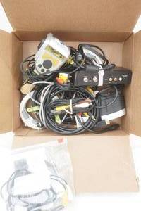 Electronics Lot Bass Angler TV game, converter boxes, cable cords, HDMI cord, camera cords, AV cords