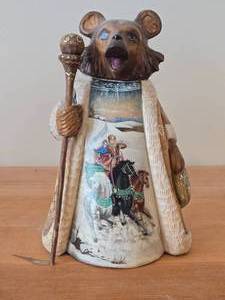9 Traditional Russian Grizzley Santa Bear theme Hand-carved Hand-painted Wood Figurine (signed on bottom)