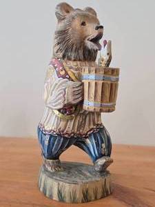 Vintage 13 12 Traditional Russian Traveling Bear with Pail of Food theme Hand-carved Hand-painted Wood Figurine