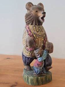 Vintage 13 12 Traditional Russian Traveling Bear with Cub theme Hand-carved Hand-painted Wood Figurine