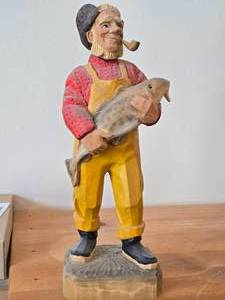 Vintage 15 34 Fisherman theme Hand-carved Wooden Figurine by Henning Engelsen (Norway)