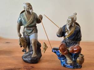 Lot of (2) Vintage Figurines Shiwan Mudmen  Chinese Fishermen theme Handcrafted Pottery  Clay with Colored Lead Glass Glaze  Mid 20th Century style