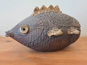 Vintage 1977 Hamilton Baking Dish (Signed) - Puffer Fish theme Earthenware Pottery  Clay  Farmhouse Folk Art style