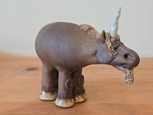 Vintage Unicorn theme Clay Pottery Figurine (Signed) by J.A. Hamilton (1981)