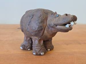 Vintage Hippo theme Clay Pottery Figurine (Signed) by J.A. Hamilton (1981)