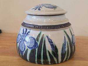 Lidded Canister (Signed) by Hamilton (2007) - Clay Pottery - titled  Warm Sun Shines on Water Mirroring Sky - Iris Unfurl Tender Petals Celebrating Morning 5 34 x 7