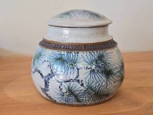 Lidded Jar (Signed) by Hamilton (2007) - Clay Pottery - titled  Sun Filters Through Tall Pines Spreading Shadow Lace Over Moss & Curling Ferns Summers Peace 6 14 x 7