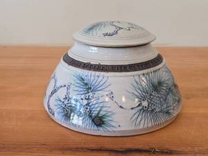 Lidded Jar (Signed) by Hamilton (2007) - Clay Pottery - titled  Pines Touched With Morning Sun Brush The Sky on the Lake A Loon Flirts Along Waterlilies 5 x 8
