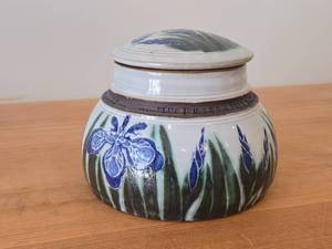 Lidded Jar (Signed) by Hamilton (2007) - Clay Pottery - titled  Blue Iris Ring A Pond Dappled With Rain & Frogs Serenade New Ducklings Bobbing In Line 5 12 x 7