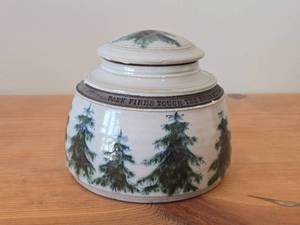 Lidded Jar (Signed) by Hamilton (2007) - Clay Pottery - titled  Dark Pines Touch The Moonshimmer Lake  A Loon Sings A Haunting Song Of Summer 5 12 x 7