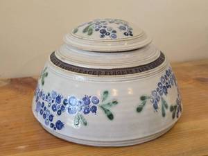 Lidded Jar (Signed) by Hamilton (2007) - Clay Pottery - titled  Blueberries  Childrens Laughter in Quiet Woods  Eager Fingers Find Treasure Hidden Beneath Pines 5 x 8