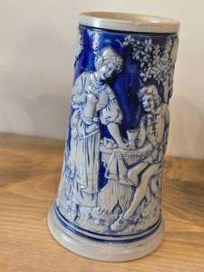 Vintage 7 Beer Stein (Germany) - Traditional German Life theme Salt Glazed Stoneware - titled  Keinen Tropfen im Becher mehr (Not a Drop Left  in the Mug)
