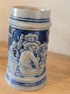 Vintage 6 12 Beer Stein (Germany) - Traditional German Life theme Salt Glazed Stoneware - titled  ist gut gemint (Is Well-Intentioned)