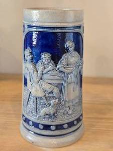 Vintage 6 12 Beer Stein (Germany) - Traditional German Life theme Salt Glazed Stoneware - titled  Halt MaB und Zeit (Keep Measure and Goal)