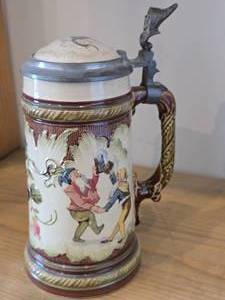 Vintage 1895 Mettlach Villeray & Boch Three Gnomes Dancing Playing Bagpipes Lidded Beer Stein #2184 .5-Liter x 8