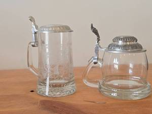 Lot of (2) Vintage Beer Steins (Germany) - Heavy Glass with Pewter Lid and Etched Fish Design 7, Clear Body with Pewter Lid 6