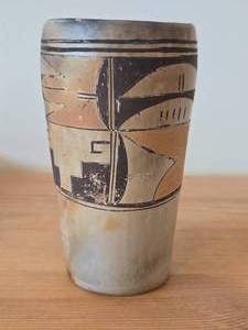 Vintage Historic 1950s Hopi Pueblo Indian Cylinder Vase  Polychrome Bird  (Flower) by Sadie Adams (Signed) 6 x 3 14