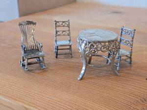 88-grams (total) Sterling Silver Miniature Collectibles - Coin-Top Patio Table, Rocking Chair and (2) Dining Side Chairs
