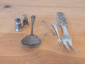 Lot of (6) 173-grams (total) - Sterling 75-grams, 830S 99-grams Sterling Silver Housewares - Spoon, Salt and Pepper Shakers, Tong, Forks (x2)