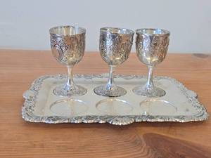 870-grams (total) Silverplated Serving Tray  (3) Goblet Cups