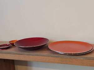Lot of (5) Enameled Aluminum Housewares by Emalox (Norway) - 12-14 Plates (x2), Candleholder, 4 Bowl and 11 Serving Bowl