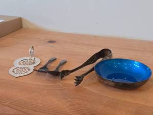 Lot of (5) 226-grams (total) Silverplated Housewares - Bowl by Reed & Barton, Spoon, Fork, Sugar Tong, Pie Server