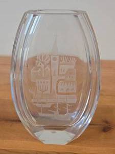 Scandi Glass Table Vase with Etched Village and Harbor Scene by Hadeland Glass (Norway)