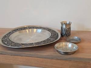Lot of (4) Vintage Pewter Housewares (Norway) - Beaker, 11-12 Serving Platter, Collectible Dish (x2)