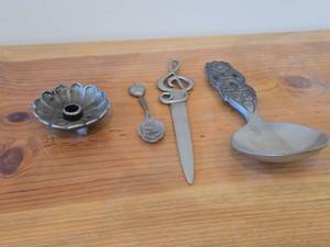 Lot of (4) Vintage Pewter Housewares - Candleholder, Letter Opener and Spoons (x2)