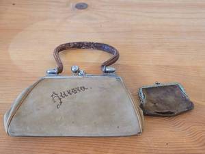 Vintage Leather Handbag w Unique Kisslock Hardware and Featuring Aurora on one side & West Baden Springs Indiana on the other side with Small Coin Purse