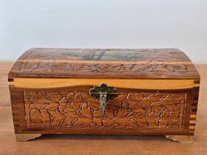 Vintage Farmhouse by the River theme Carved Wooden Trinket  Jewelry Box with Latch Closure  Lock  Key  Mirrored on Inside 11 x 6 14 x 4 12