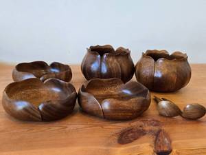 Lot of (7) Vintage Hand carved Monkey Pod Wood Housewares - Lotus Bowl (x2), Flower Bowl (x3), Spoons (x2)