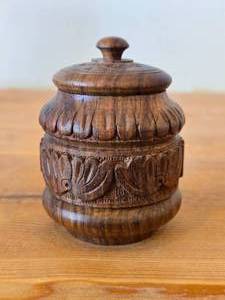 Vintage Hand carved Wood Lidded Jar (Signed) 3 12 x 2 34
