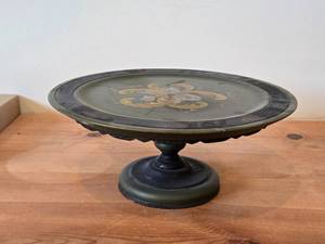 Vintage Hand painted Wooden Pedestal Cake Stand  Norwegian Rosemaling Folk Art style  12 12 x 5 14