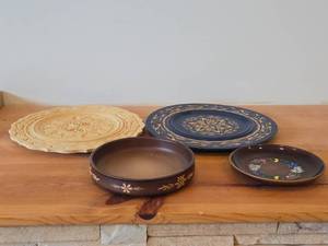 Hand painted Swiss Plate 6-12, Hand-carved Wood Plates (x2) 11-12 and 12, Wood Bowl with Carved Floral Design 6-12x1-12